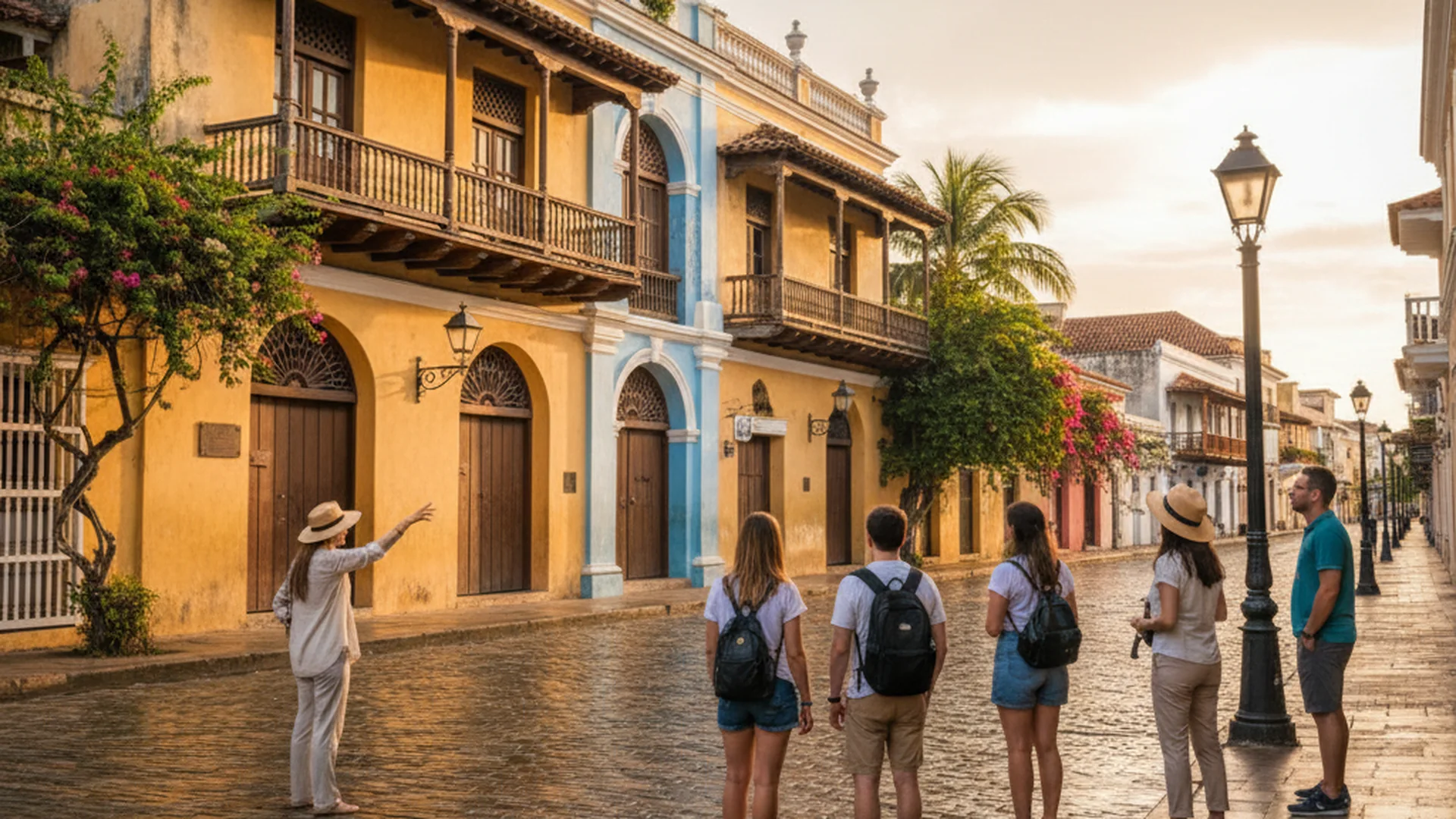 Classic white convertible parked in front of a historic colorful building facade in Cartagena