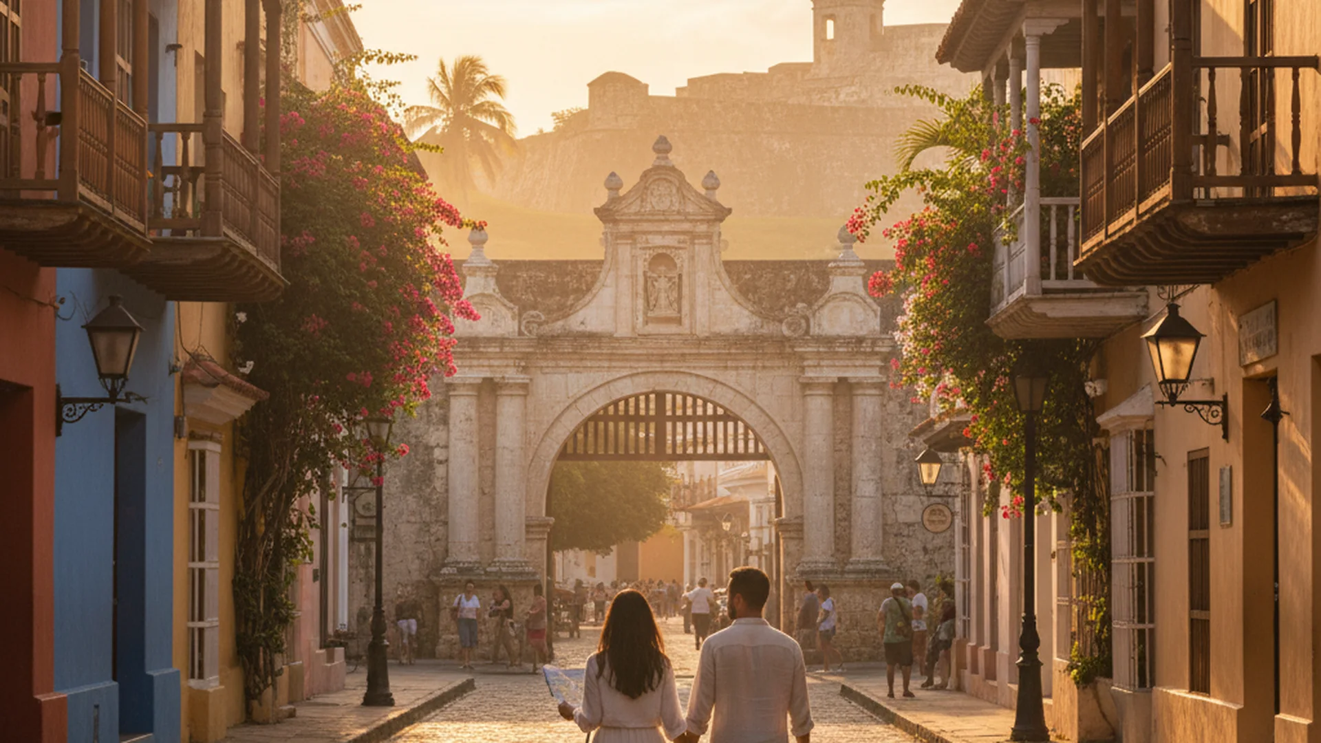 Charming colonial doorway on a sunny street in Cartagena, Colombia