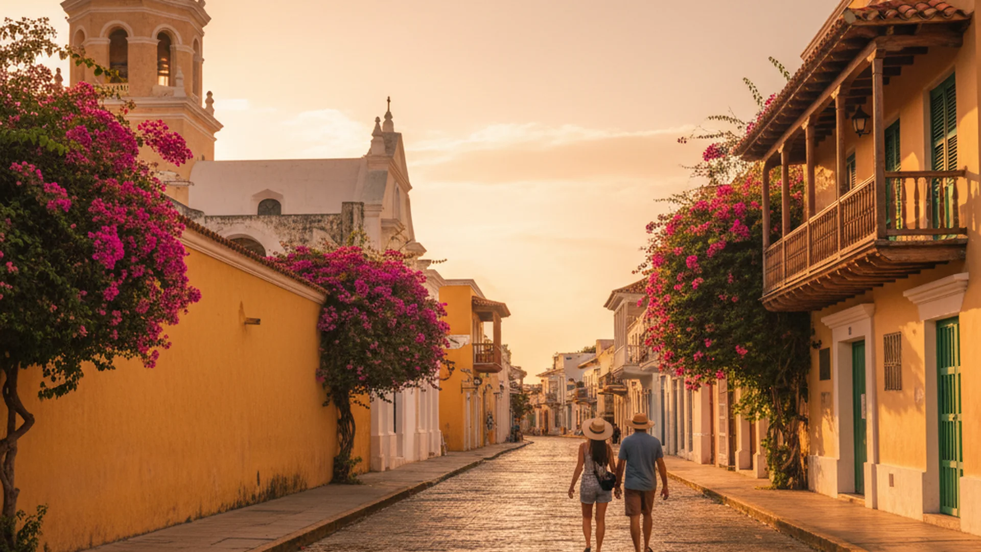 El Centro neighborhood, Cartagena - Charming street in Cartagena with vibrant buildings and cathedral in view, ideal