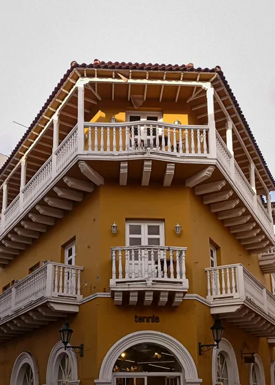 Beautiful colonial building with balconies in Cartagena, showcasing historic architecture.