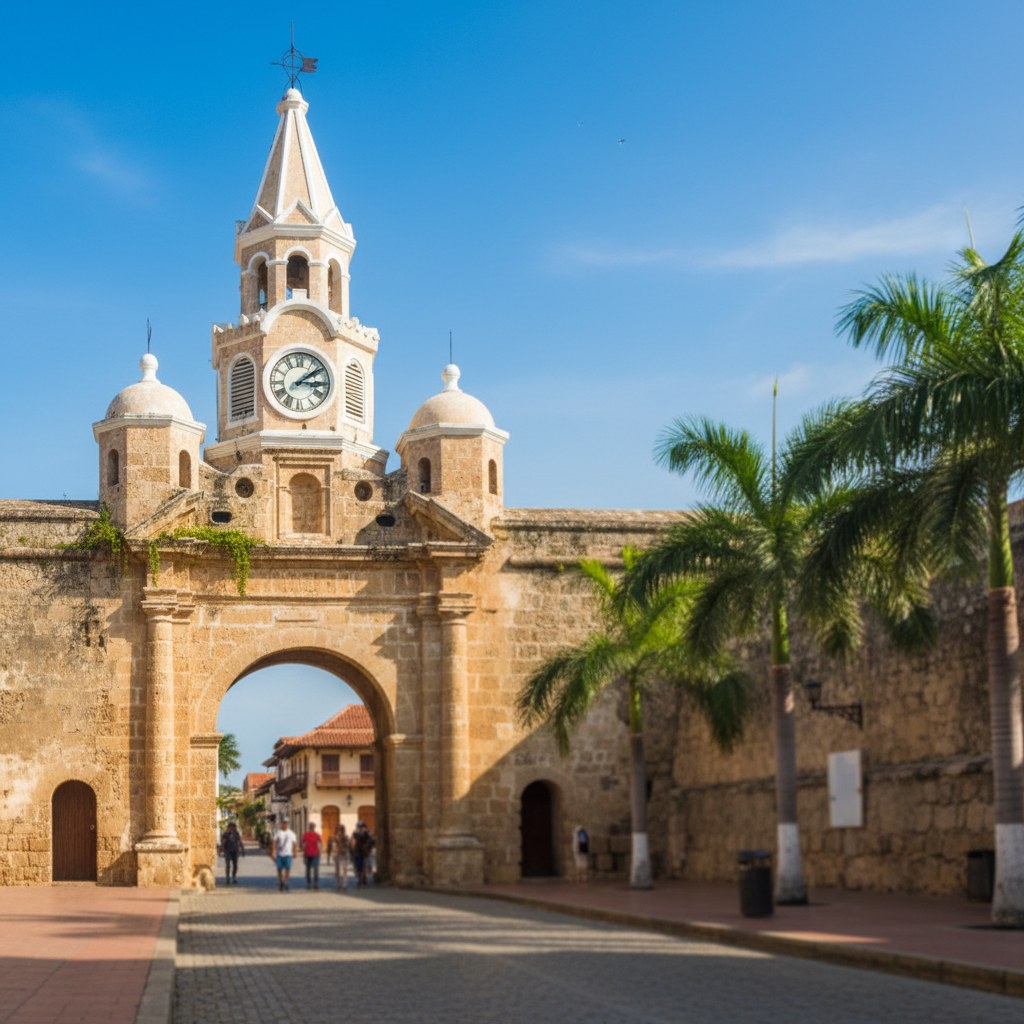 Torre del Reloj clock tower entrance to the Walled City, Cartagena