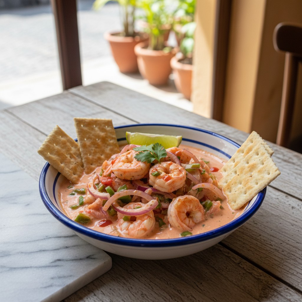 Cartagena-style ceviche de camaron with saltine crackers