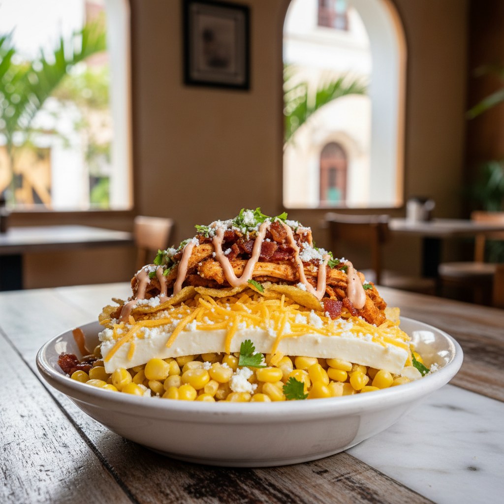 Mazorca desgranada loaded corn cup from a Cartagena street cart